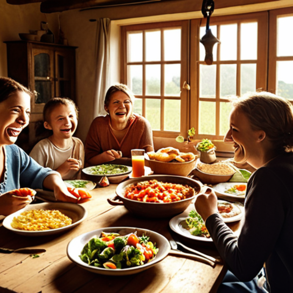 A warm, inviting dinner scene at a rustic farmhouse in the countryside. A local family is gathered around a wooden table, sharing a meal of fresh vegetables and traditional dishes. The atmosphere is filled with laughter and connection. Soft, golden light streams through the window, highlighting the genuine smiles on their faces.