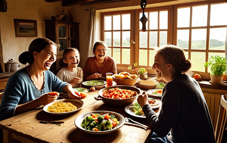 A warm, inviting dinner scene at a rustic farmhouse in the countryside. A local family is gathered around a wooden table, sharing a meal of fresh vegetables and traditional dishes. The atmosphere is filled with laughter and connection. Soft, golden light streams through the window, highlighting the genuine smiles on their faces.