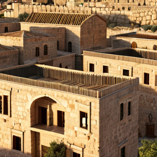 **Jerusalem stone houses, warm light, traditional architecture.** (Focuses on the traditional building style and materials.)