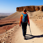 A professional female hiker, fully clothed in modest, durable outdoor gear, walking a well-defined trail within the vast Negev Desert. The background features dramatic orange-red rock formations of the Ramon Crater under a clear, expansive sky, conveying a sense of adventure and solitude. The light is natural and bright, highlighting the rugged geological features. The image captures a high-quality professional outdoor photograph, safe for work, appropriate content, perfect anatomy, correct proportions, natural pose, well-formed hands, proper finger count, and natural body proportions.