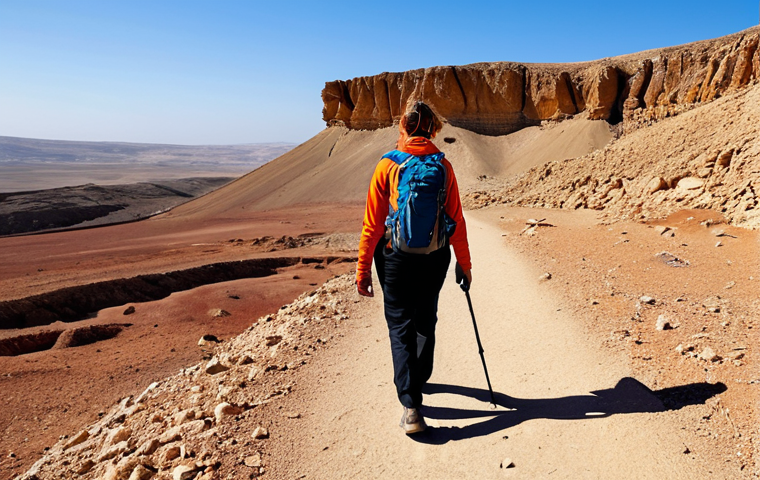 A professional female hiker, fully clothed in modest, durable outdoor gear, walking a well-defined trail within the vast Negev Desert. The background features dramatic orange-red rock formations of the Ramon Crater under a clear, expansive sky, conveying a sense of adventure and solitude. The light is natural and bright, highlighting the rugged geological features. The image captures a high-quality professional outdoor photograph, safe for work, appropriate content, perfect anatomy, correct proportions, natural pose, well-formed hands, proper finger count, and natural body proportions.